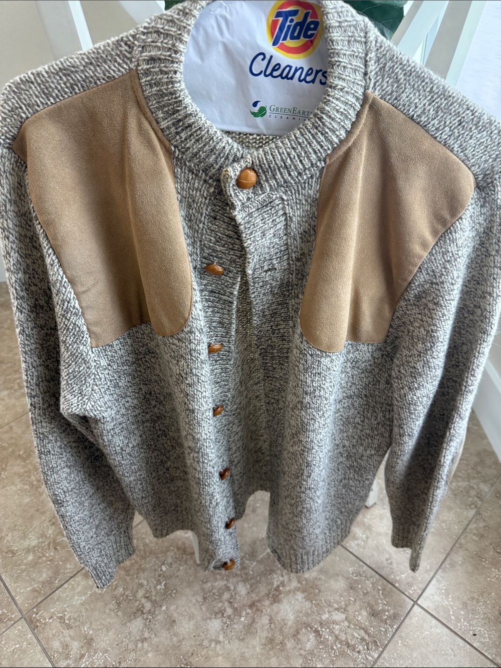 Men's Grey Wool Button-Up Sweater with Brown Shoulder/Elbow Panels